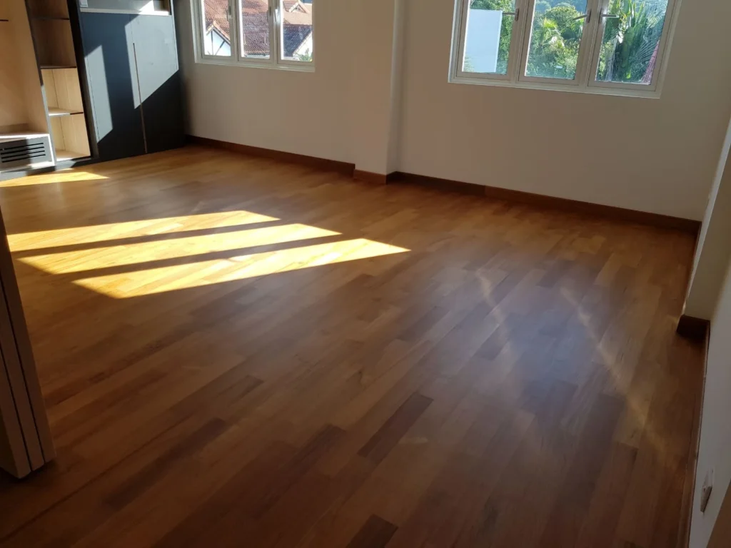 Heavy duty natural timber decking installation with protective coating in Singapore