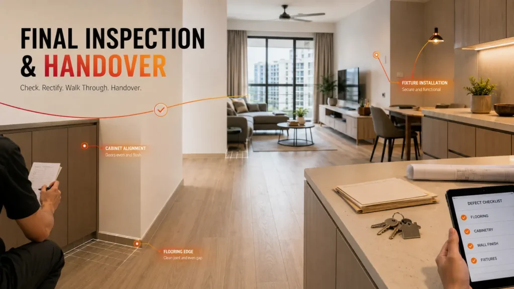 Final home renovation inspection and handover in Singapore with defect checklist, cabinet alignment and flooring inspection