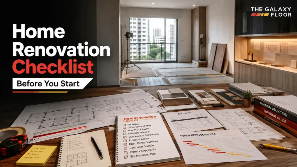 Home renovation checklist with planning documents, materials, and floor plans in Singapore.