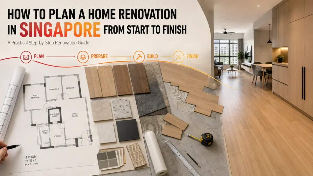 Home renovation in Singapore from start to finish with floor plan, material selection and finished HDB interior