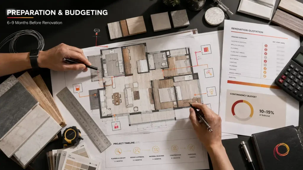 Home renovation preparation and budgeting in Singapore with floor plan, material samples, renovation quotation and contingency budget