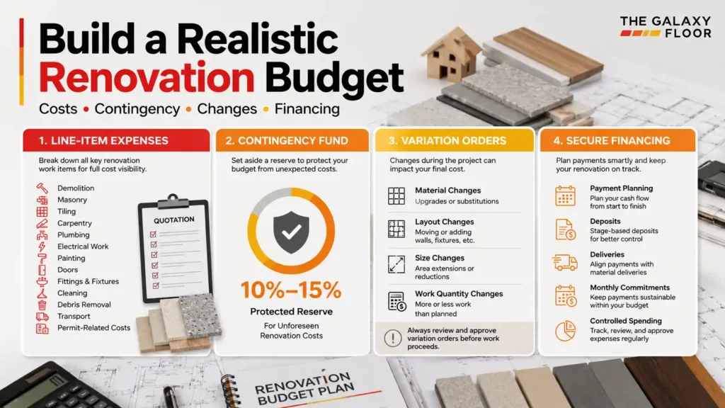 Home renovation budget infographic covering costs, contingency, variation orders, and financing.