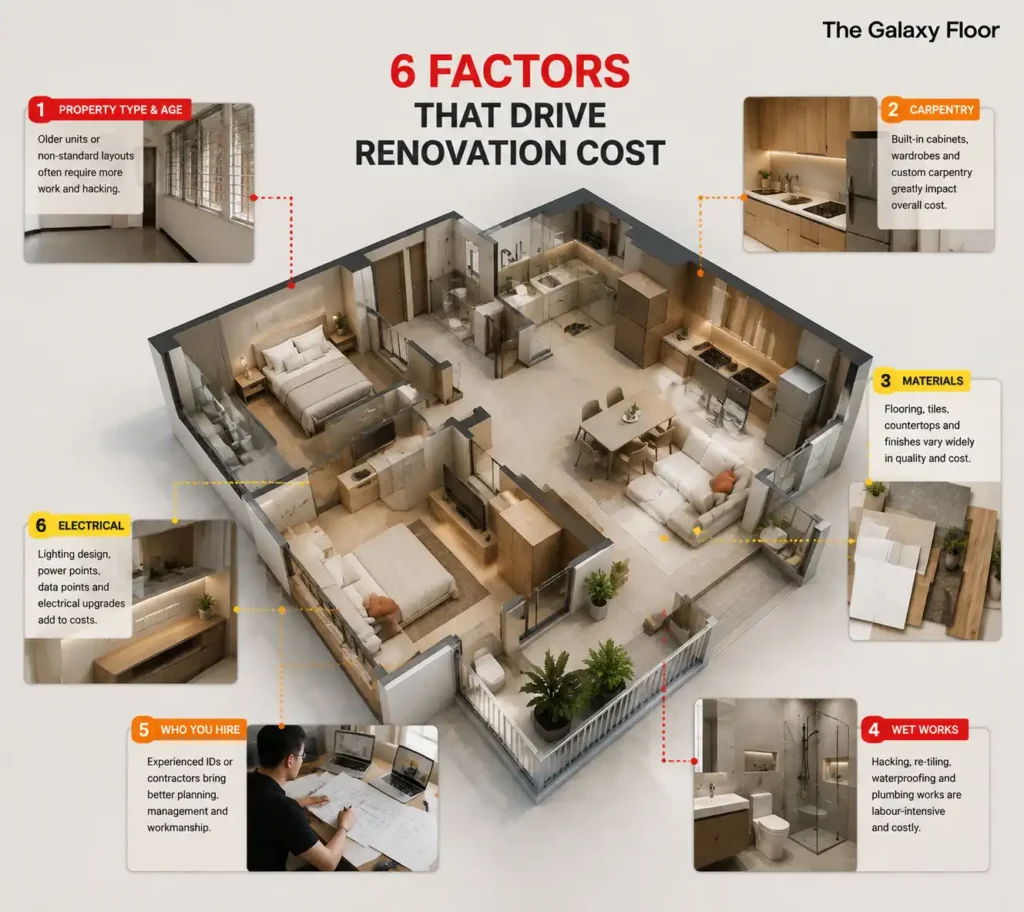 Six factors that influence home renovation costs in Singapore shown around an HDB floor plan