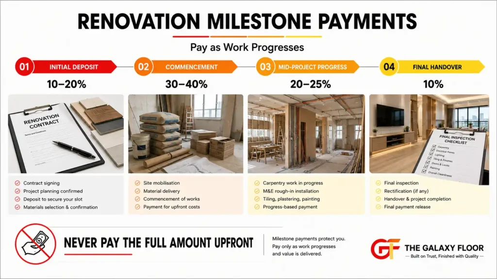 Renovation milestone payment stages from deposit to final handover