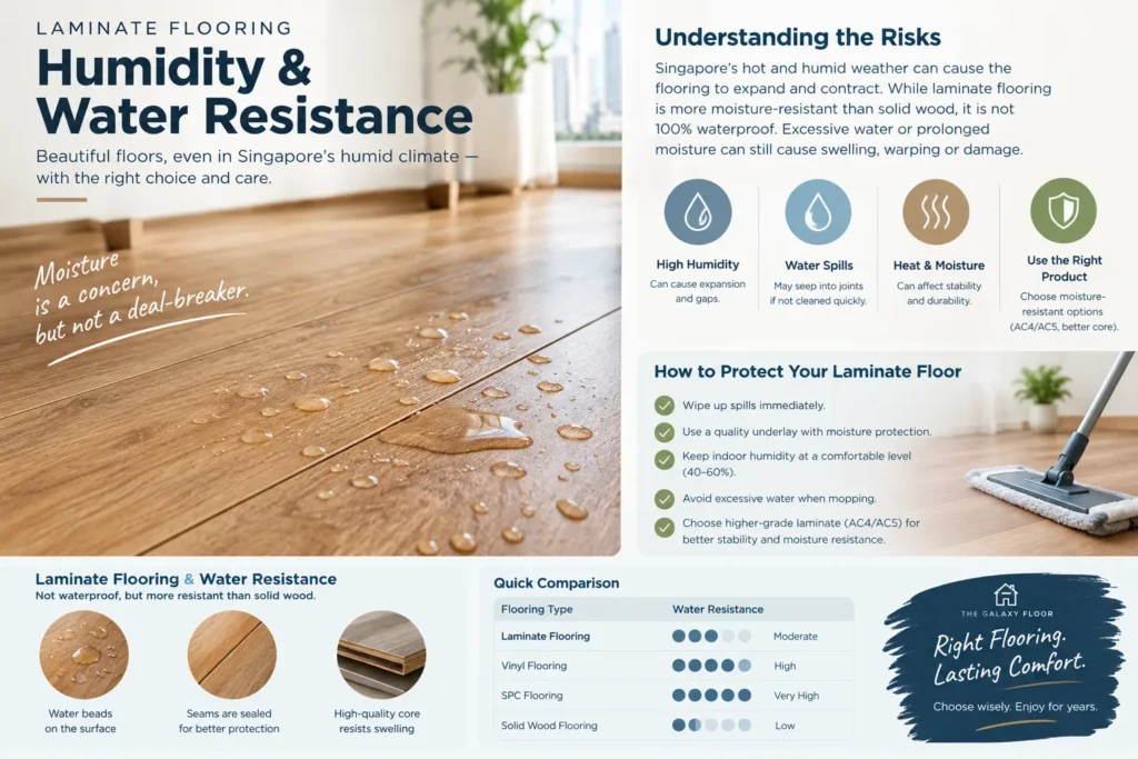 Laminate flooring humidity and water resistance in Singapore, with moisture protection tips and laminate versus vinyl flooring comparison